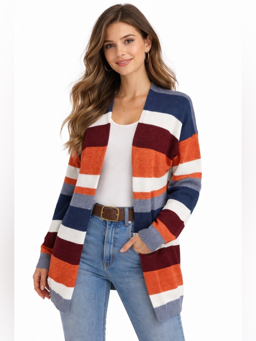 Boho Striped Long Cardigan Duster Cozy Fall Layer Rust Blue XL ECOWISH